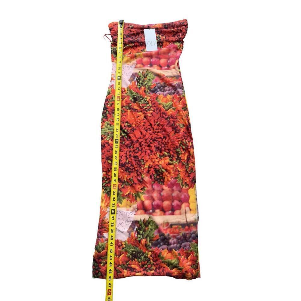 ZARA Over the Shoulder Picante All  Print Tulle Bodycon Maxi Dress Fruit M New - Picture 2 of 4